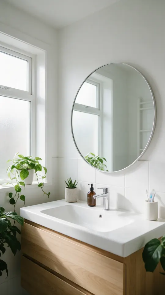 A bright bathroom with a round mirror, an oak vanity and plants