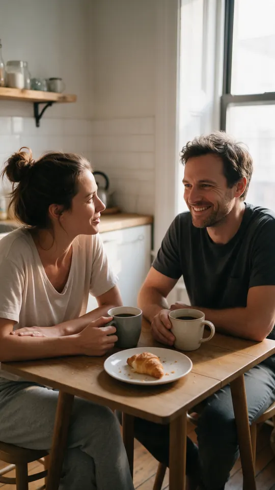 Starting image: a woman and a man at a small kitchen table with coffee mugs and one croissant