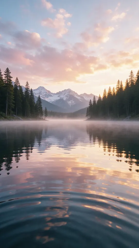 Starting image: a calm alpine lake at sunrise seen from just above the water
