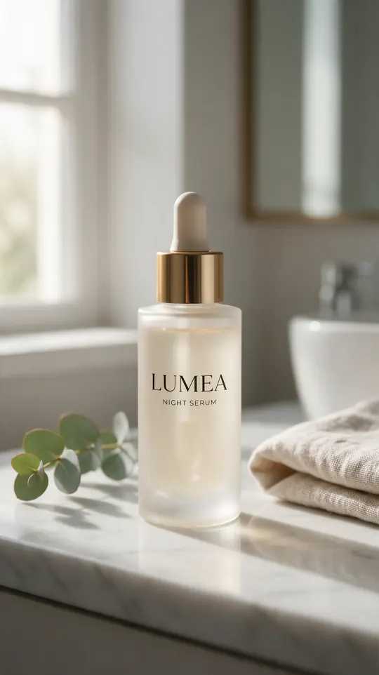 The LUMEA serum bottle on a marble counter